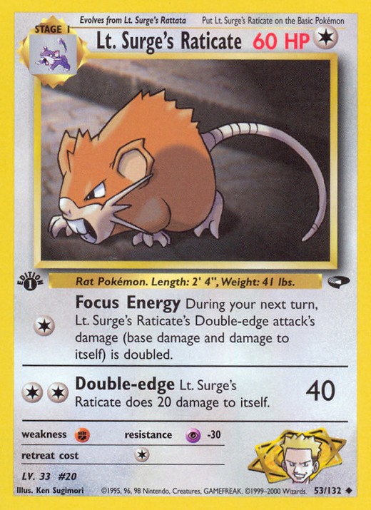 Lt. Surge's Raticate G2 53 translates to Rattatac de Lt. Surge G2 53 in French. image