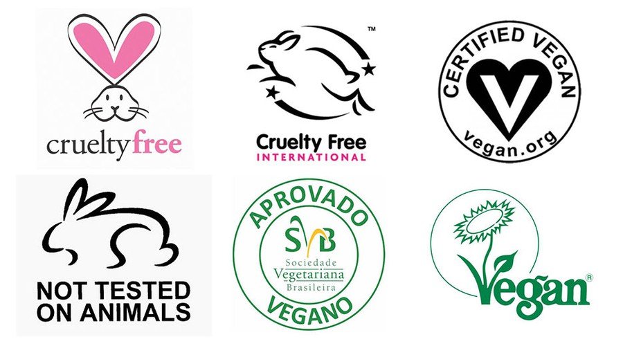 Diferentes tipos de selos para embalagens de produtos veganos / sem crueldade animal