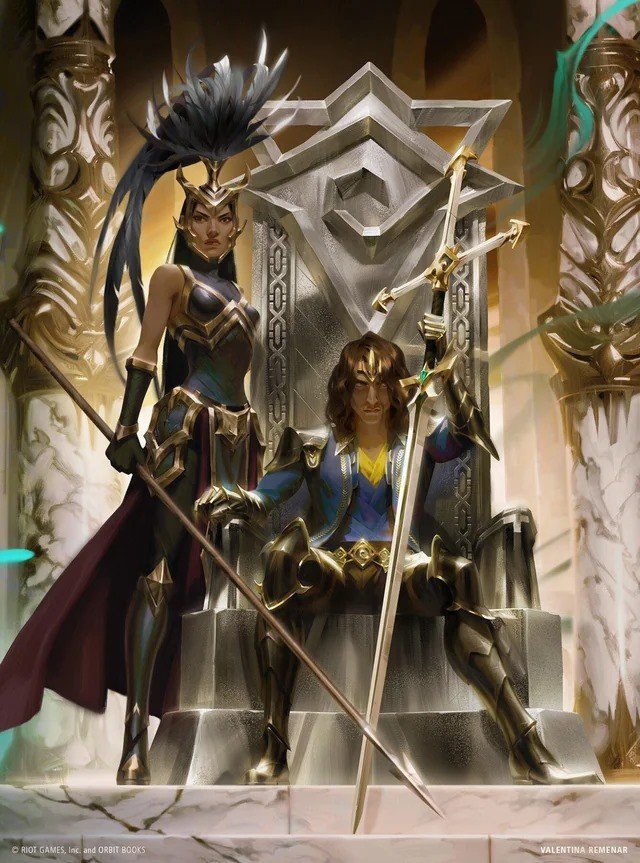 Kalista e Viego no trono de Camavor juntos da Espada encantada