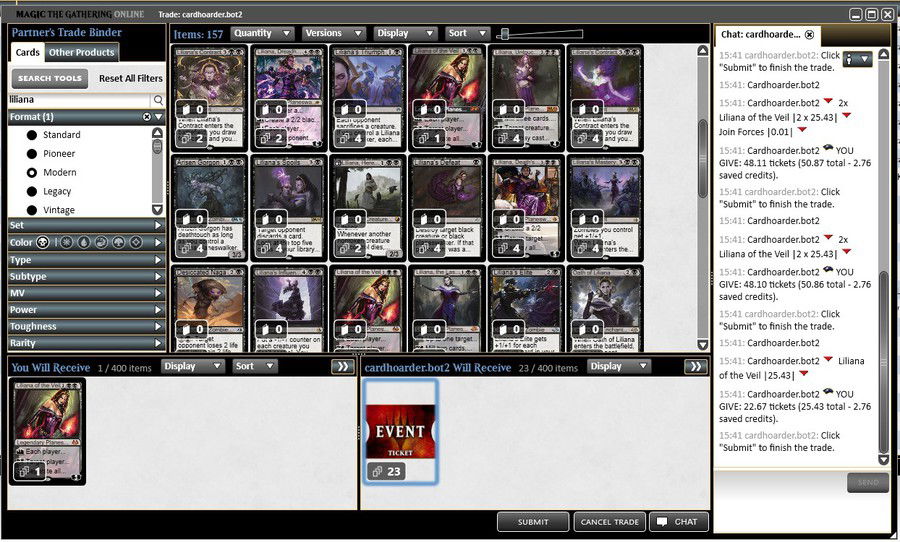 Comprando uma Liliana of the Veil com TIX, através do MTGO.