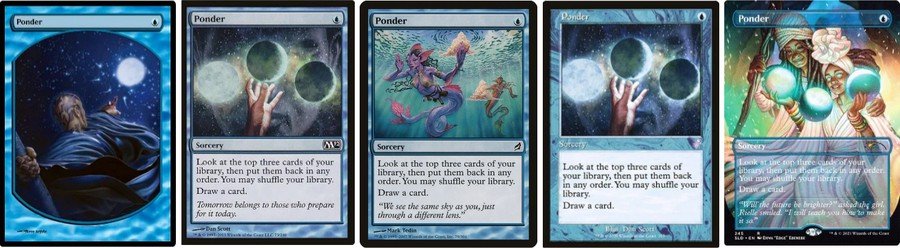 Various versions of the Ponder card
