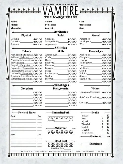 Vampire The Masquerade Revised Characther Sheet