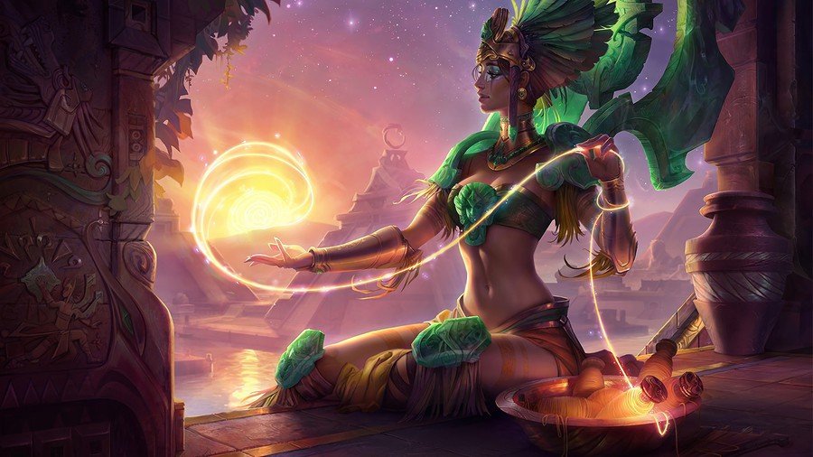Splash art da skin Karma Deusa do Sol em League of Legends