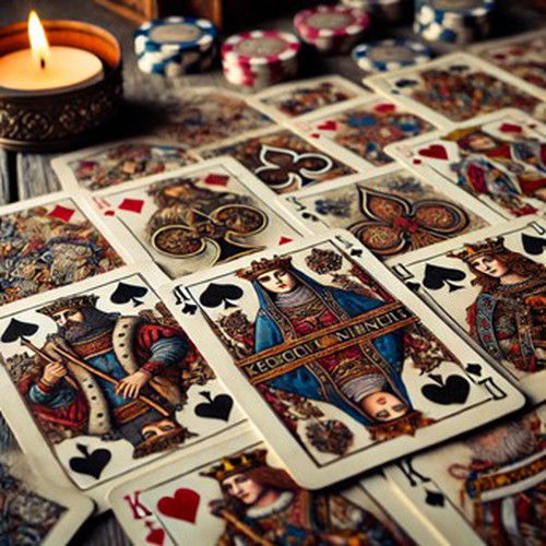 An example of medieval European playing cards, with suits and court cards inspired by the nobility of the time.