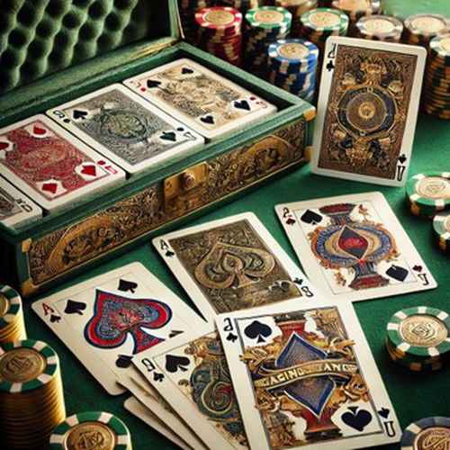 A set of vintage casino playing cards, featuring bold, luxurious designs with intricate back patterns.