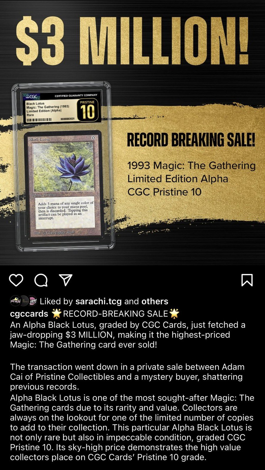 Black Lotus is sold for $3 million and becomes MTG's most expensive card