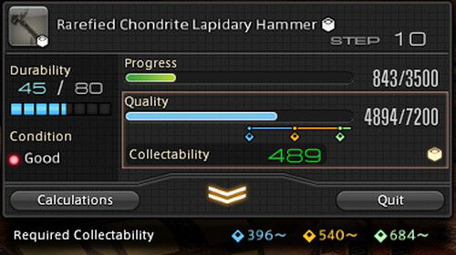 Collectable Creation HUD with the minimum quality reached