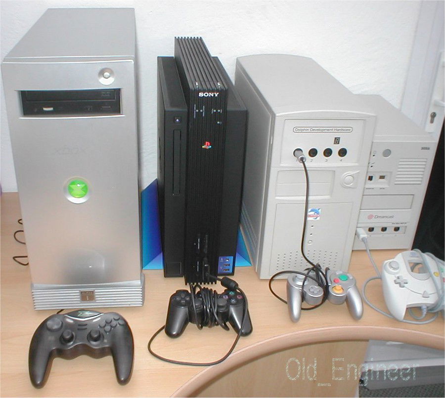 Development kits for PlayStation 2, GameCube, Xbox and Dreamcast side by side