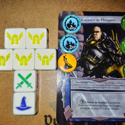 Hero with their companions and treasure tokens.