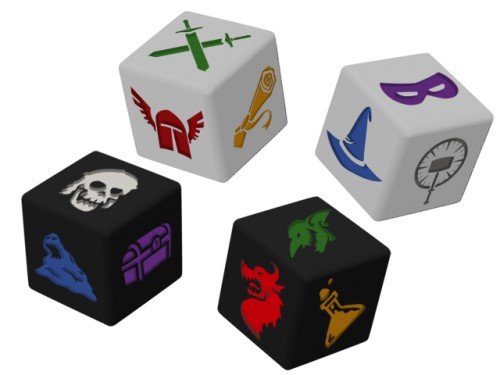 White companion dice, and black dungeon dice.