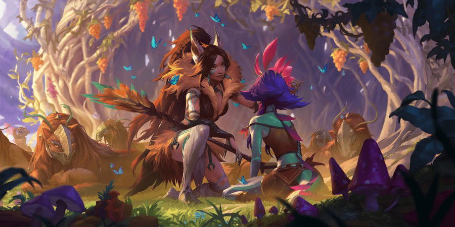 Nidalee in her official Legends of Runeterra art, and Neeko in a cameo.