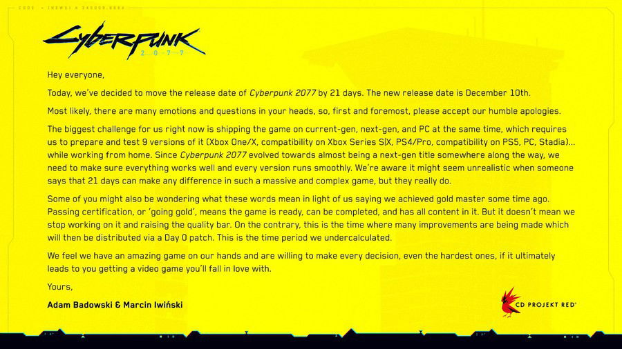 Official announcement of the latest postponement / Image: CD Projekt RED