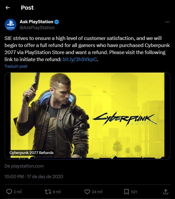 Anúncio da Sony sobre os reembolsos para Cyberpunk 2077