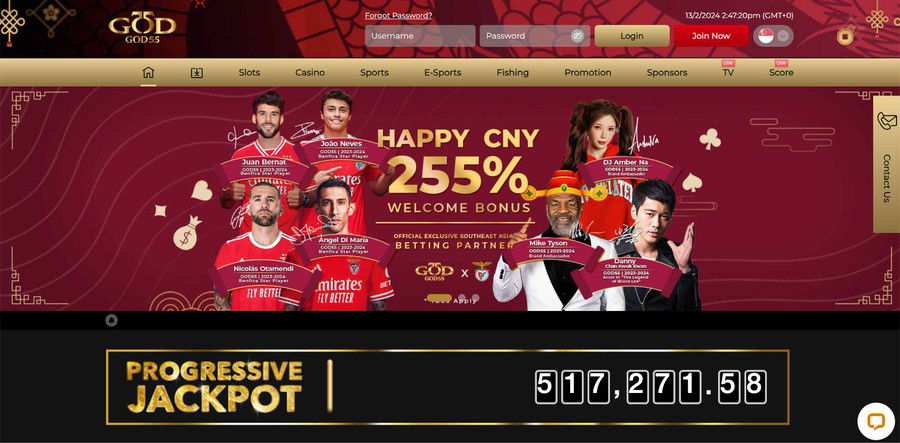 A screenshot of God55's homepage with promotional banners, brand ambassadors, and a live progressive jackpot total.