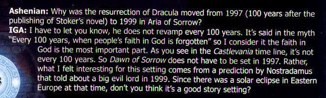 Interview with Koji Igarashi explaining the “absence of Faith” as one of the driving forces behind Dracula’s return to each generation.